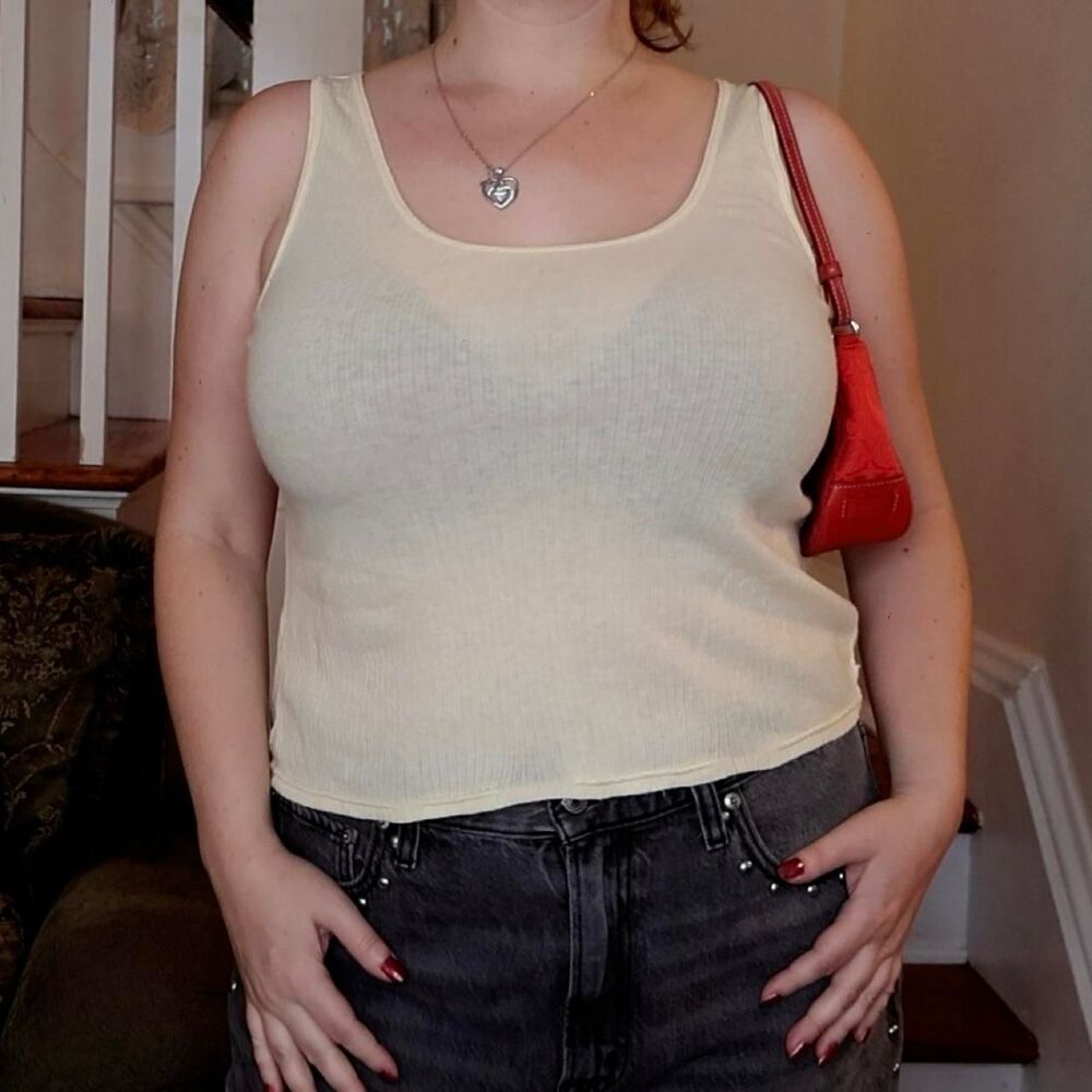 American Eagle Butter Yellow Semi Sheer Ribbed Tank Top Sz Large Basics Comfy